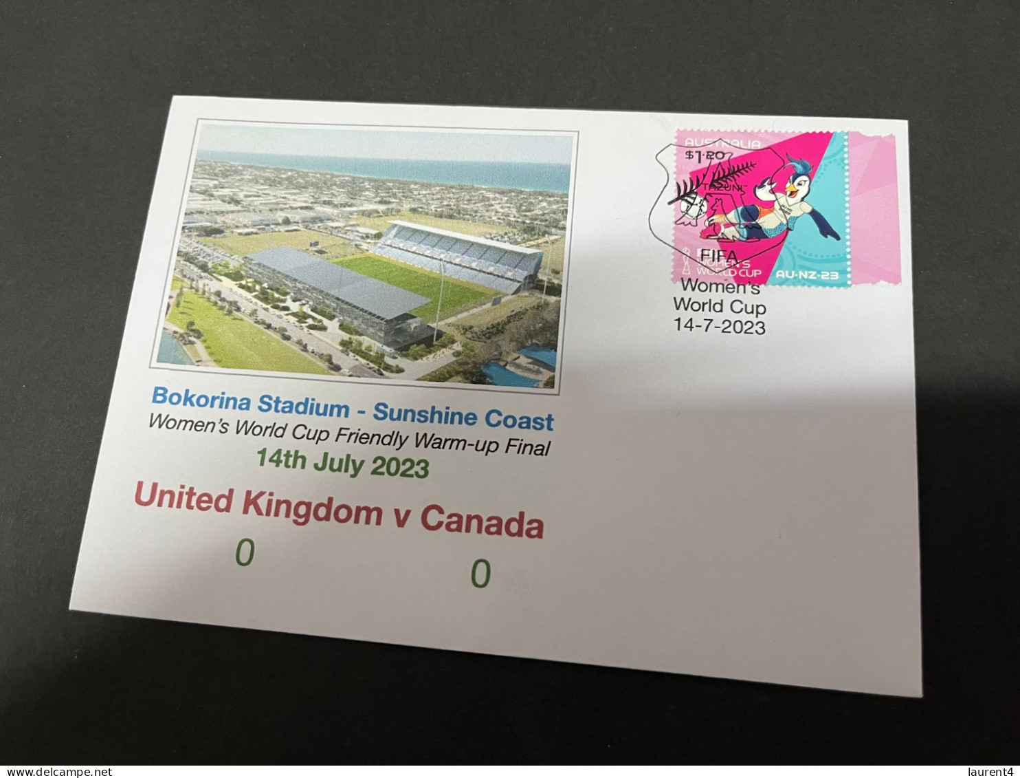 16-7-2023 (2 S 25 A) Women's Football World Cup ($1.20 FIFA Mascot Stamp) FIFA Friendly Final - UK (0) Canada (0) - 2 Dollars