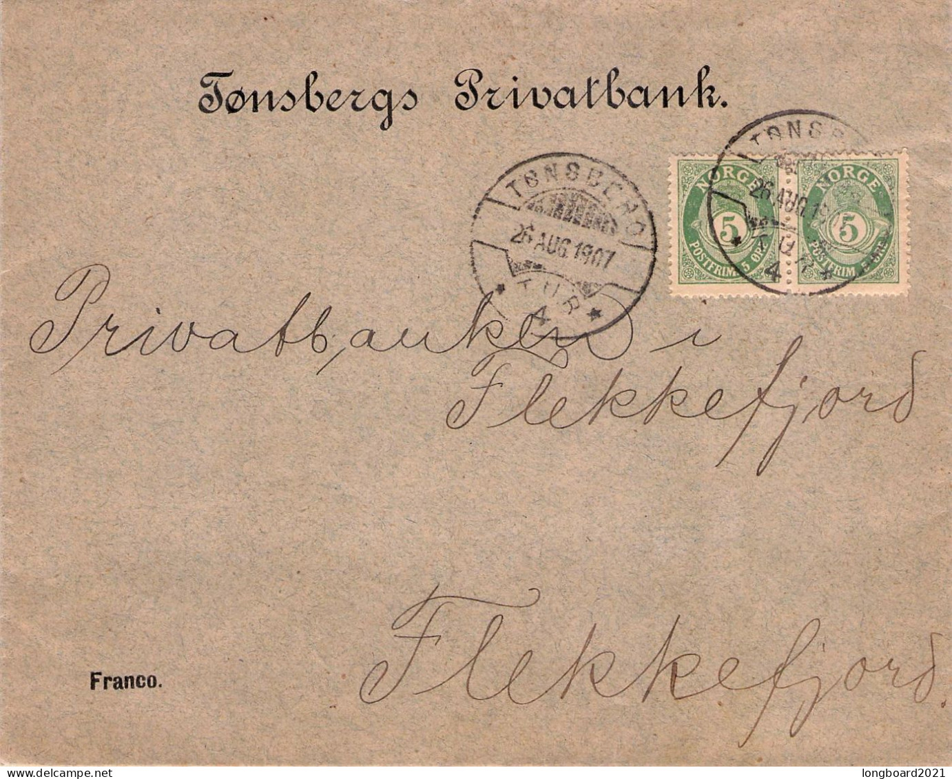 NORWAY - LETTER 1907 TÖNSBERG - FLEKKEFJORD / *537 - Cartas & Documentos