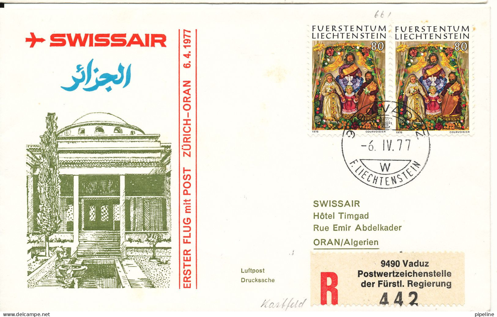 Liechtenstein Registered Cover First Flight With Post Swissair Zürich - Oran 6-4-1976 - Brieven En Documenten