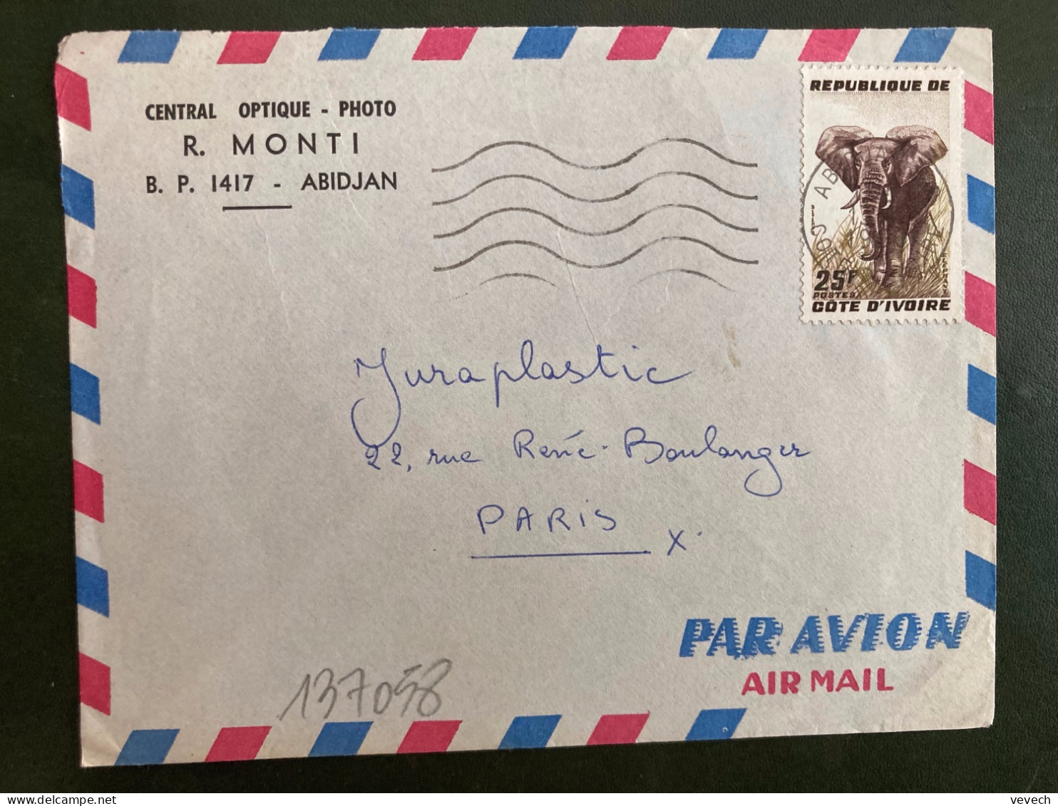 LETTRE Par Avion Pour La FRANCE TP ELEPHANT 25F OBL.MEC.13-2 1960 ABIDJAN + CENTRAL OPTIQUE PHOTO R. MONTI - Côte D'Ivoire (1960-...)