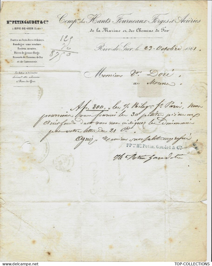 INDUSTRIE 1861 HAUTS FOURNEAUX FORGES ACIERIES  MARINE ET DES CHEMINS DE FER Rive De Gier > Doré M. De Forges LE MANS - 1800 – 1899