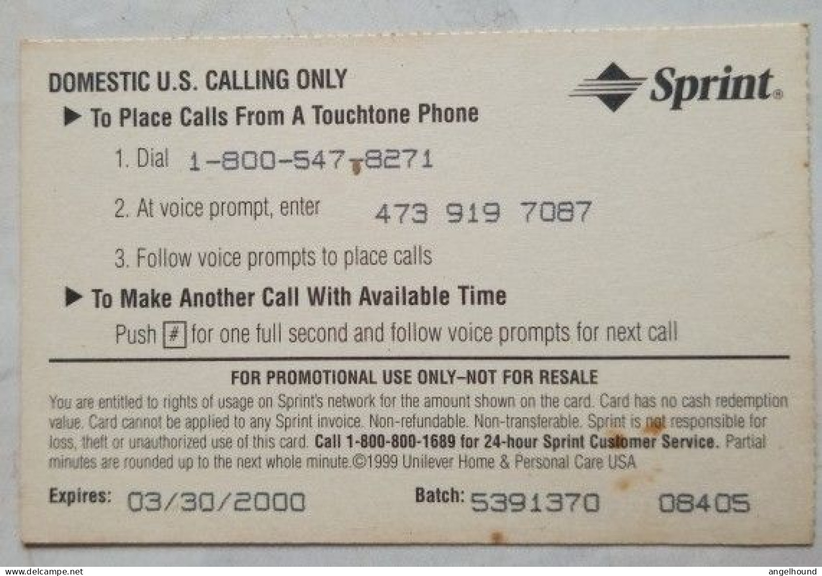 USA Sprint 5 Minute Prepaid " Snuggle " - Sprint