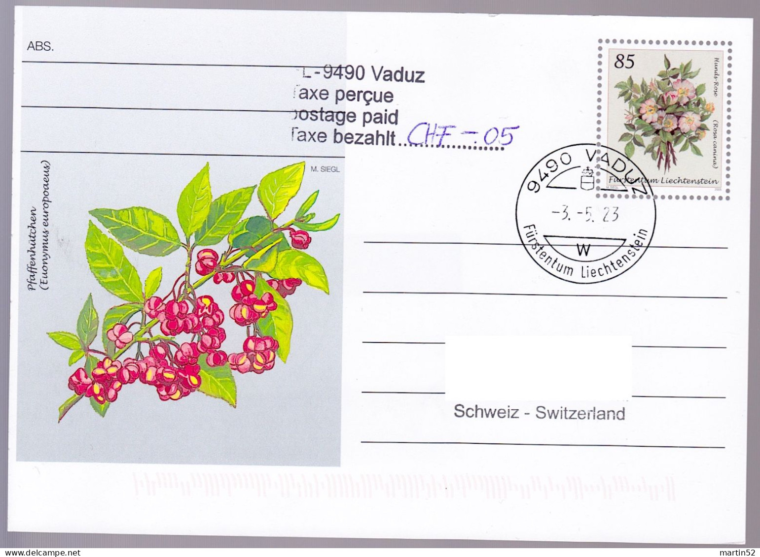 LIECHTENSTEIN 2023: Postkarte Mit Amtlichem "Taxe Perçue" Stempel (+5 Rp) Spezial-Ausgabe Tarif-Erhöhung O VADUZ 3.5.23 - Stamped Stationery