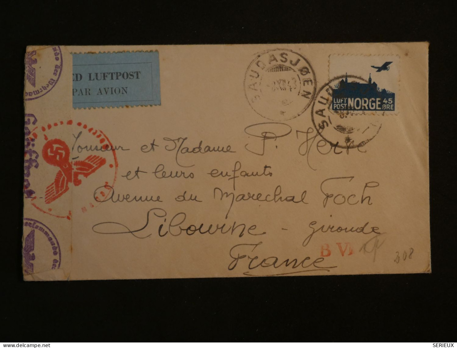 BW1  NORGE   BELLE LETTRE CENSUREE RARE  1942  SAUCAJ ?    A  LIBOURNE FRANCE   + +AFF. INTERESSANT ++ - Lettres & Documents