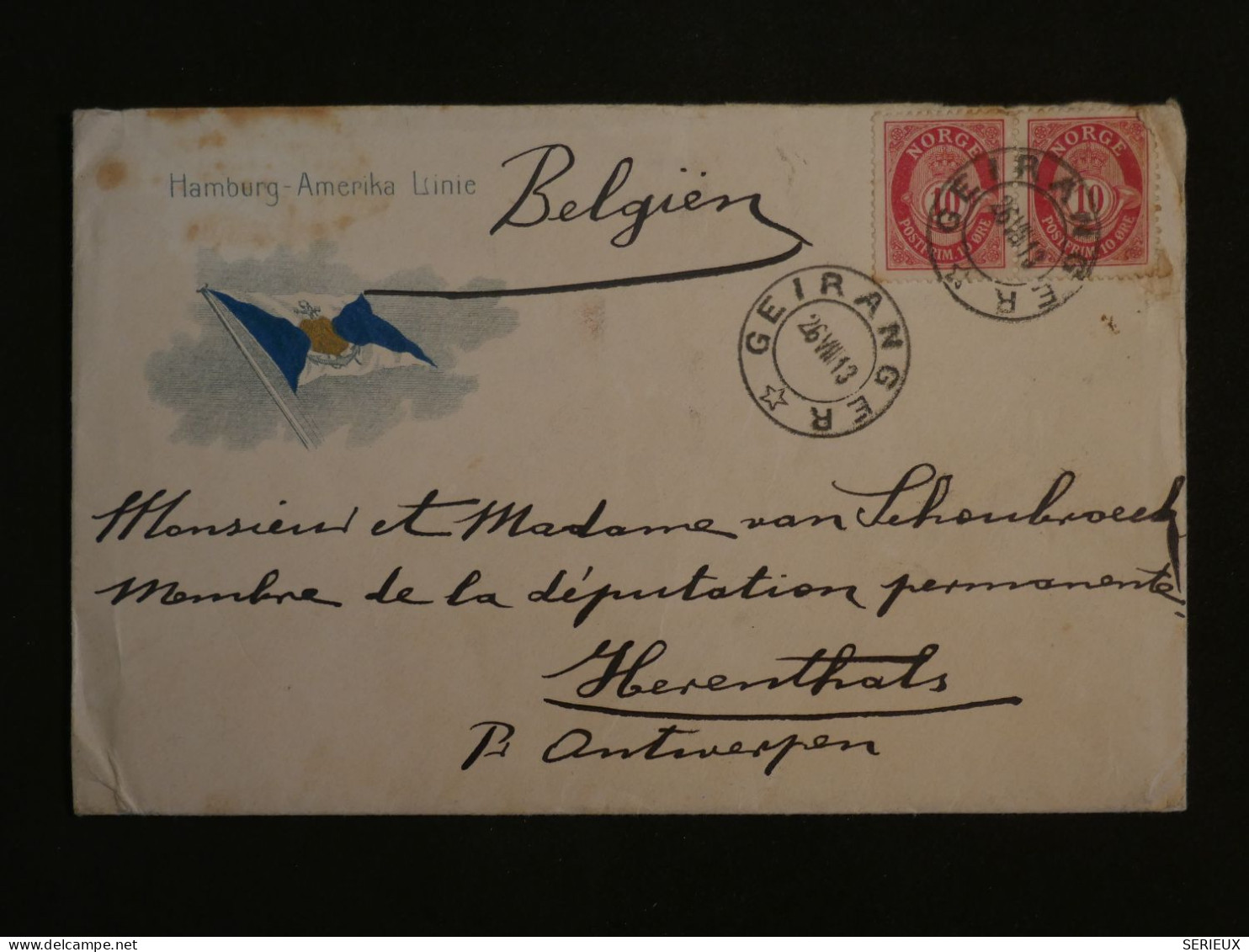 BW1  NORGE   BELLE LETTRE  DU SS HAMBURG  RARE  1913 GEIRANGER     A ANTWERPEN BELGIUM   +TEXTE  +AFF. INTERESSANT ++ - Storia Postale