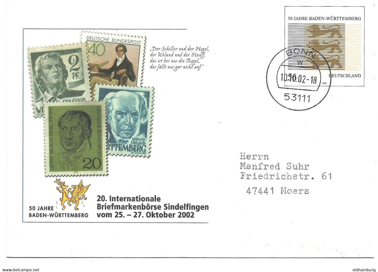 0411h: Echt Gelaufene Privatganzsache Sindelfingen/ 50 Jahre Baden- Württemberg Aus 2002 - Enveloppes Privées - Oblitérées