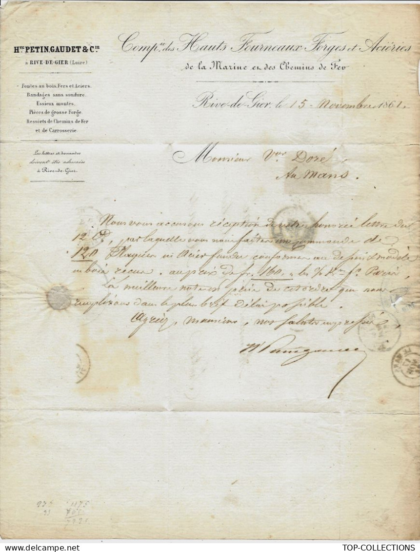 INDUSTRIE 1861 HAUTS FOURNEAUX FORGES ACIERIES  MARINE &  CHEMINS DE FER Rive De Gier Loire => Doré M. De Forges Le Mans - 1800 – 1899