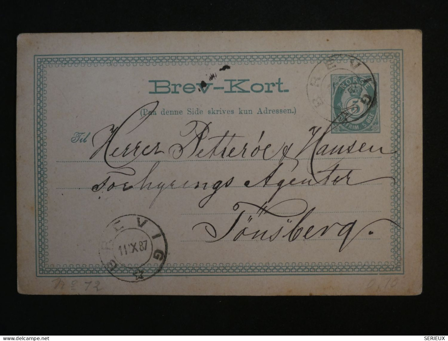 BW1  NORGE   BELLE CARTE ENTIER  RR 1887 BREVIG ?   A  SONSBERG  +AFF. INTERESSANT ++ - Enteros Postales