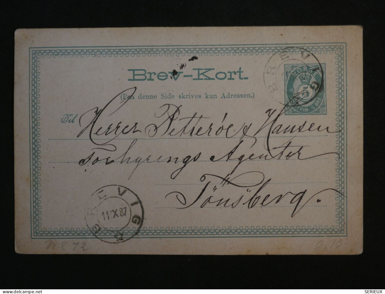 BW1  NORGE   BELLE CARTE ENTIER  RR 1887 BREVIG ?   A  SONSBERG  +AFF. INTERESSANT ++ - Ganzsachen