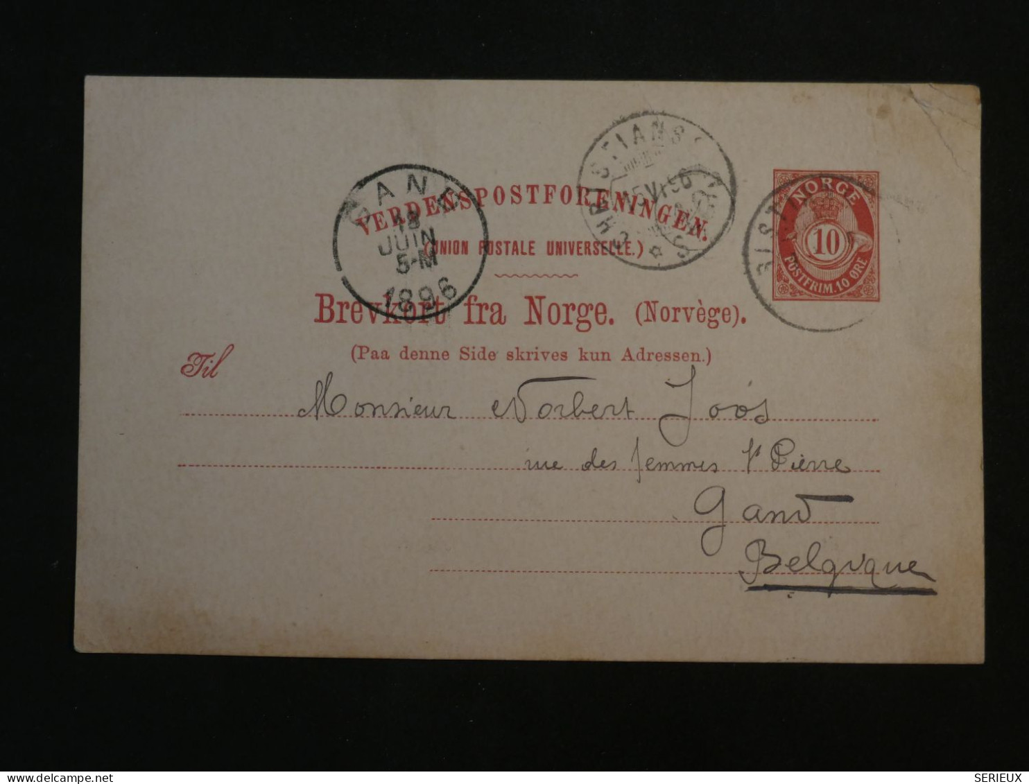 BW1  NORGE   BELLE CARTE ENTIER  RR 1896 KRISTIANSAN ? A  GAND BELGIQUE   +AFF. INTERESSANT ++ - Ganzsachen