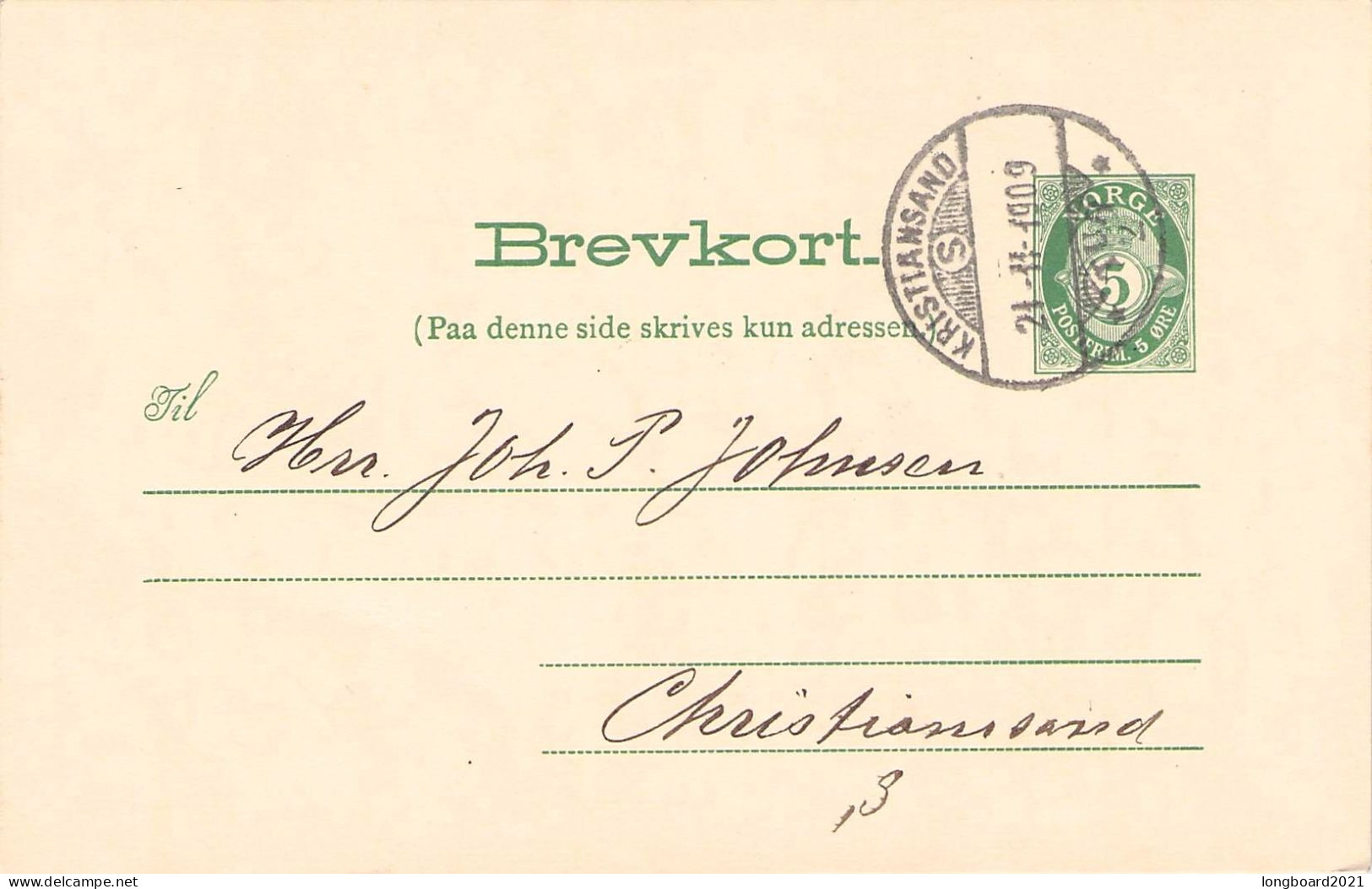 NORWAY - BREVKORT 5 Ö 1909 KRISTIANSAND Mi P49 / *540 - Ganzsachen