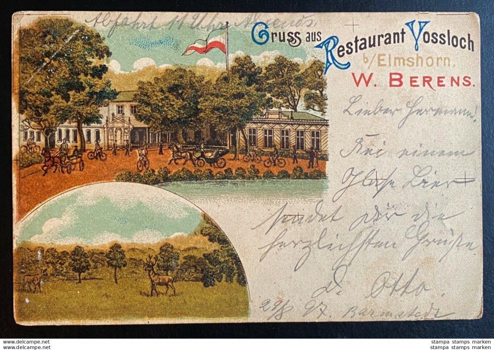 AK Litho Elmshorn In Schleswig Holstein, Restaurant Vossloch, W. Berens Bahnpoststempel 1897 Hamburg Husum - Elmshorn