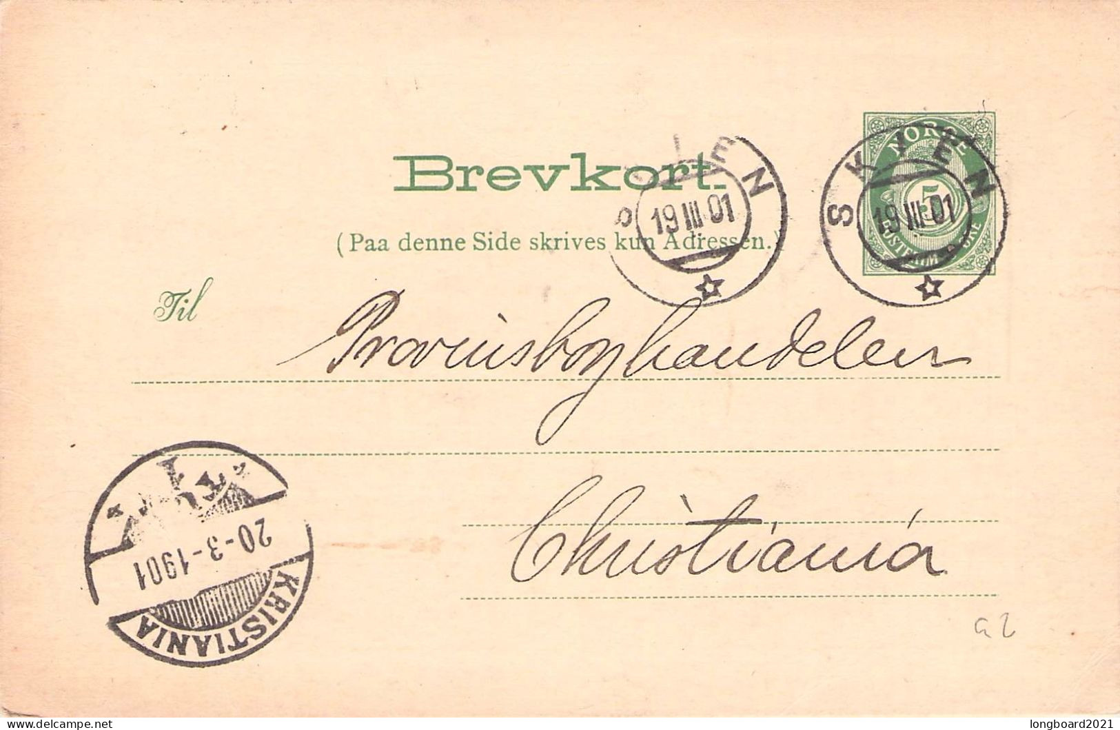 NORWAY - BREVKORT 5 Ö 1901 SKIEN - CHRISTIANIA Mi P49 / *543 - Ganzsachen