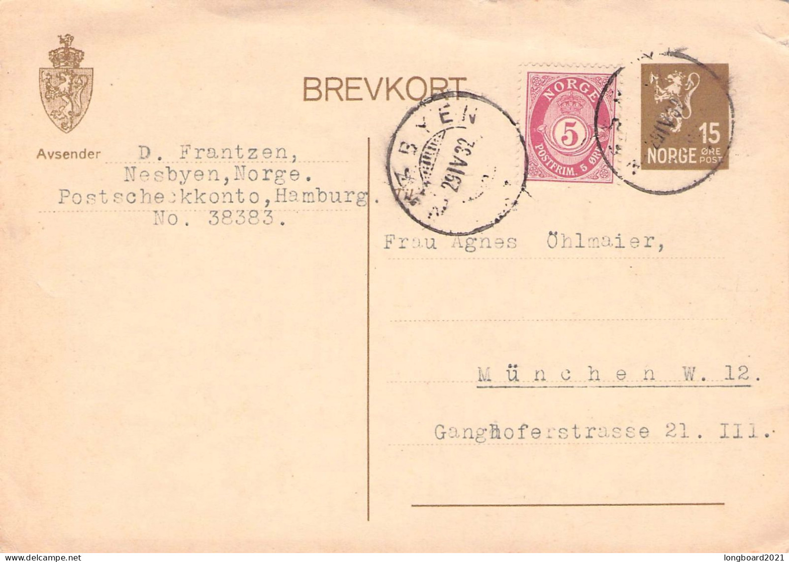 NORWAY - BREVKORT 15 Ö 1932 NESBYEN - MÜNCHEN ** Mi P81x / *548 - Postwaardestukken