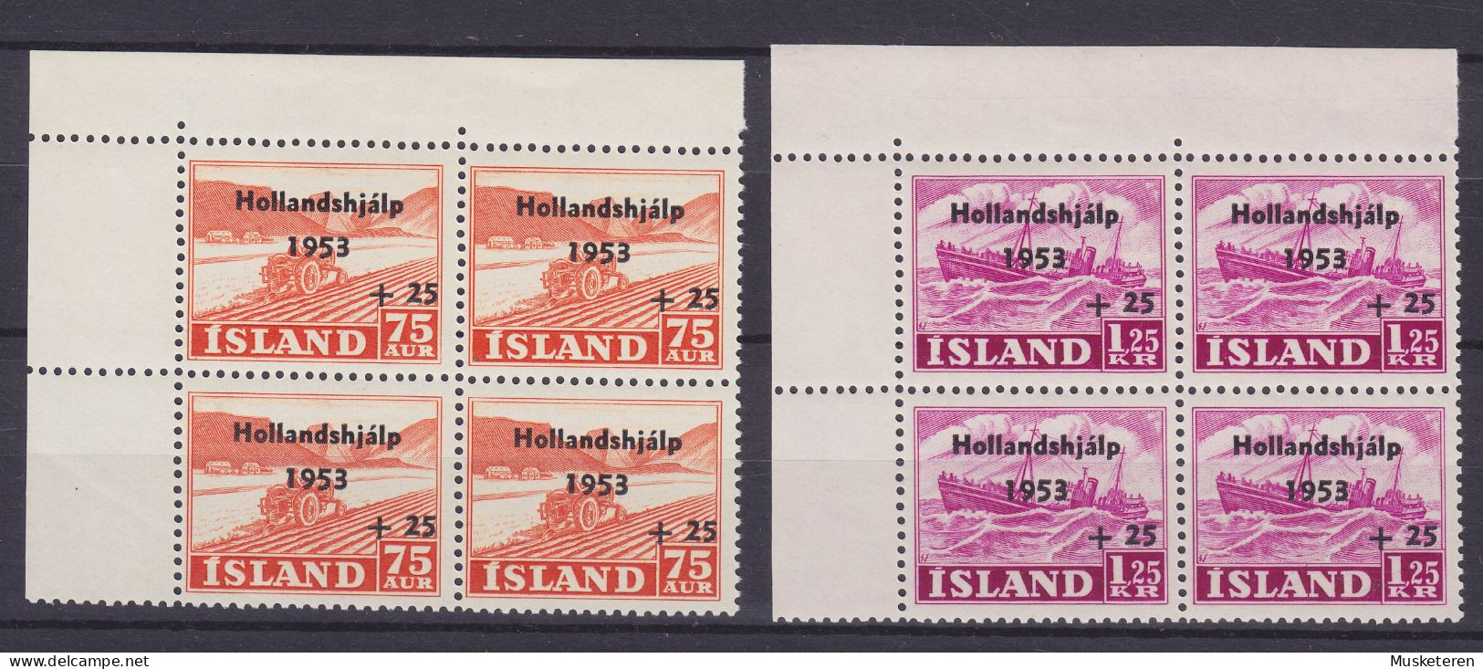 Iceland 1953 Mi. 285-86, 'Hollandshjálp' Overprinted M. Aufdruck 4-Blocks W. Corner Margin, MNH** - Blokken & Velletjes