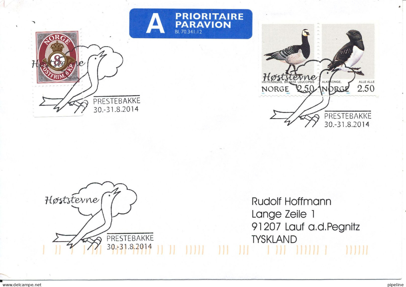 Norway Cover Prestebakke 30-31/8-2014 (Höststevne) BIRD In The Postmark - Cartas & Documentos