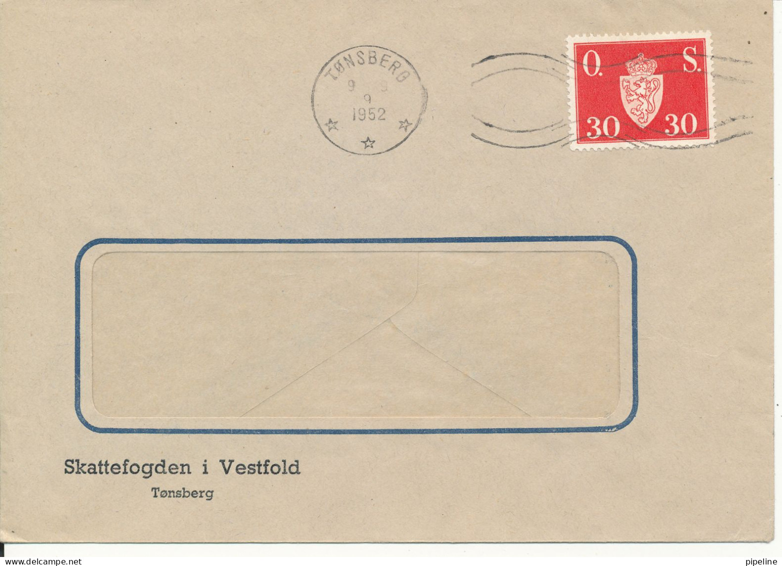 Norway Cover Tönsberg 9-9-1952 (Skattefogden I Vestfold) Single Franked - Cartas & Documentos