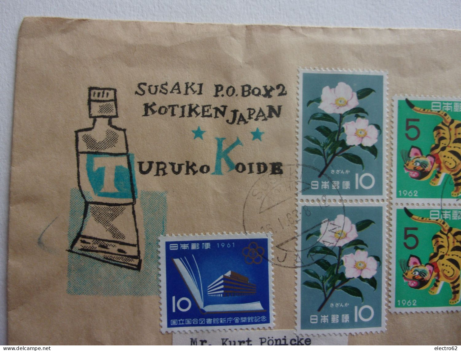 Japon Susaki P.O.BOX2 Kotiken Japan Turuko Koide Camélia Tigre Librairie De La Diète Tiger Flower 1961 1962 - Briefe U. Dokumente