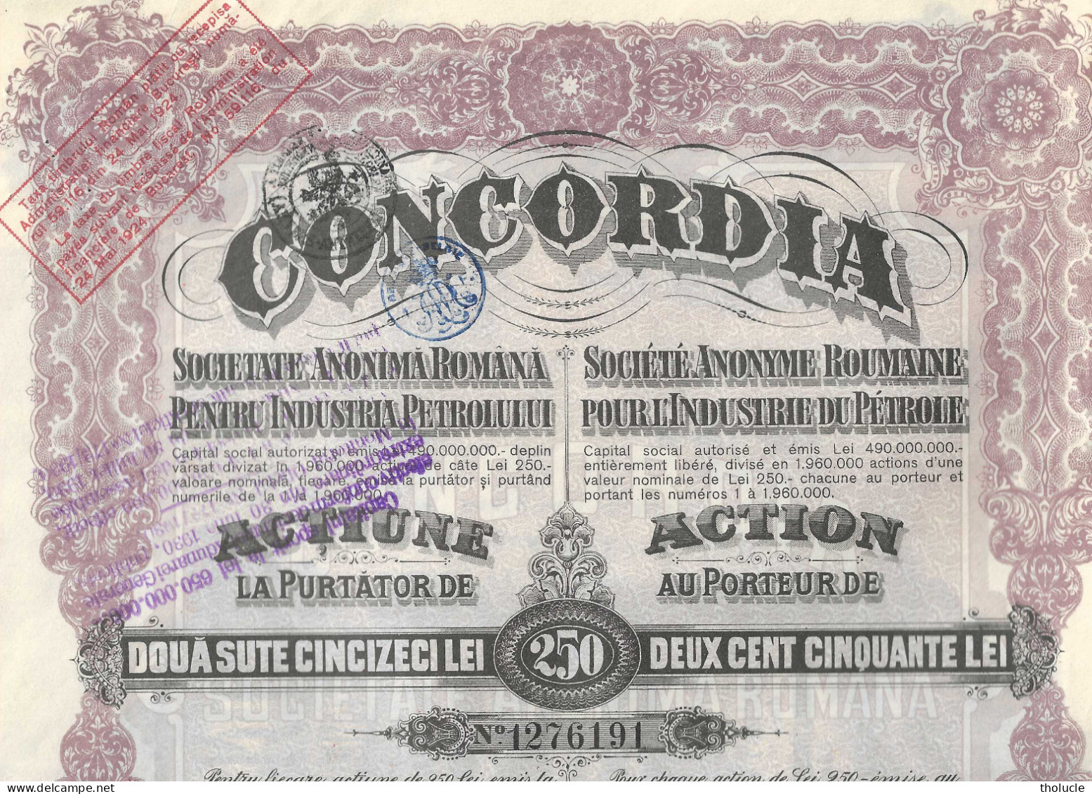 Action-Concordia-SA Roumanie Pour L'Industrie Du Pétrole*Romana Pentru Industria Petrolului-1924-Cachet "France-1932" - Erdöl