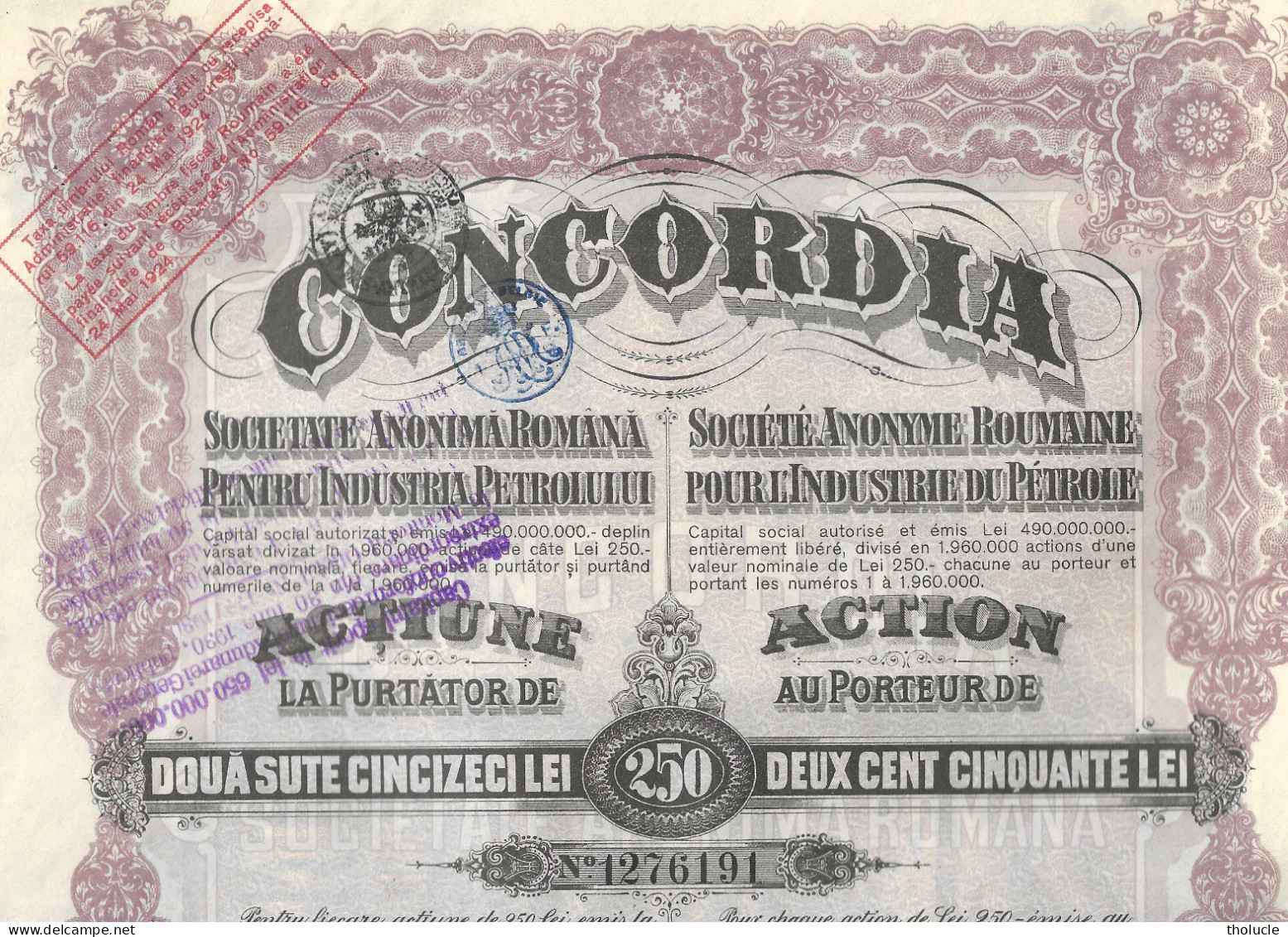 Action-Concordia-SA Roumanie Pour L'Industrie Du Pétrole*Romana Pentru Industria Petrolului-1924-Cachet "France-1932" - Pétrole