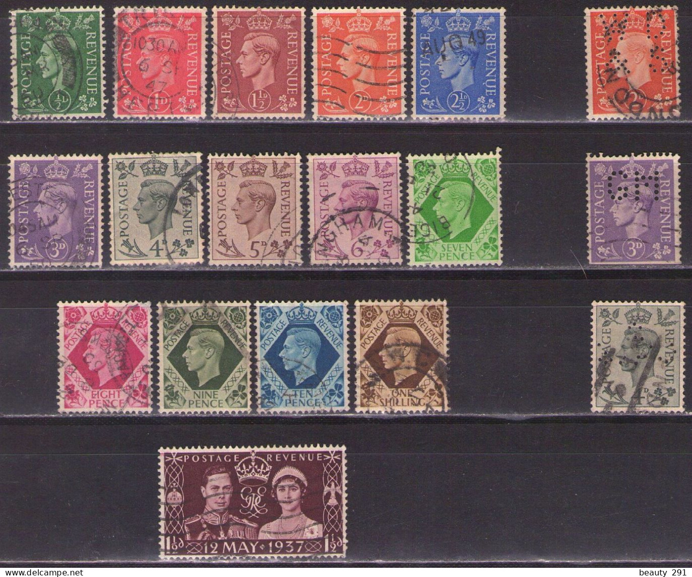 Great Britain 1937 King George VI - Mi. 198-211 + Perfin - Used - Oblitérés