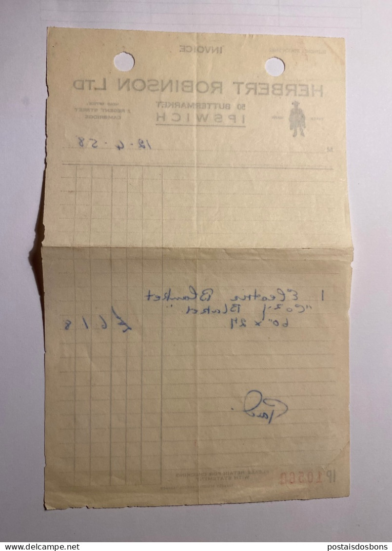 C25 B) Invoice HERBERT ROBINSON LTD Buttermarket IPSWICH UK 1958 - United Kingdom