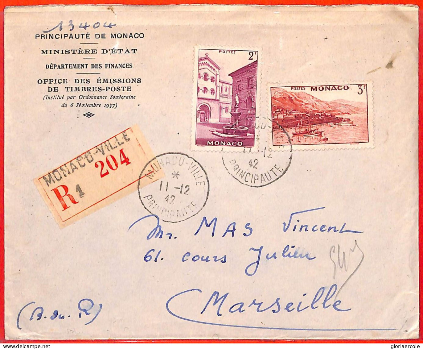 Aa0990 - MONACO - Postal History - REGISTERED COVER To FRANCE  1942 - Covers & Documents