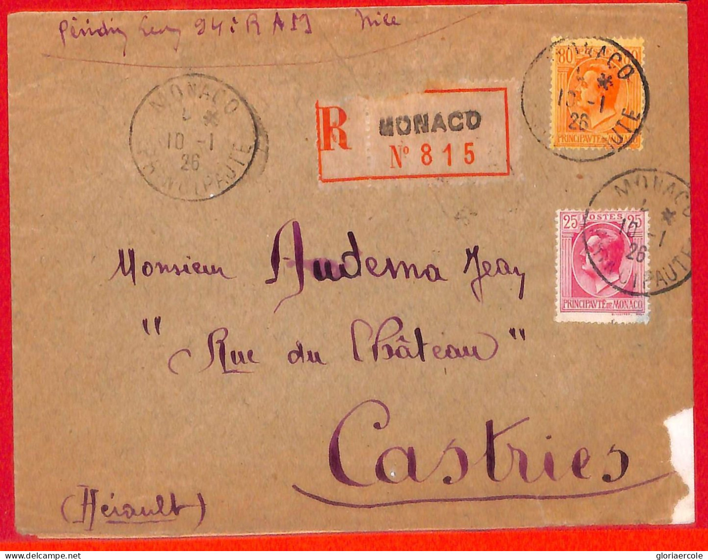 Aa1005 - MONACO - Postal History - REGISTERED COVER To FRANCE  1926 - Brieven En Documenten