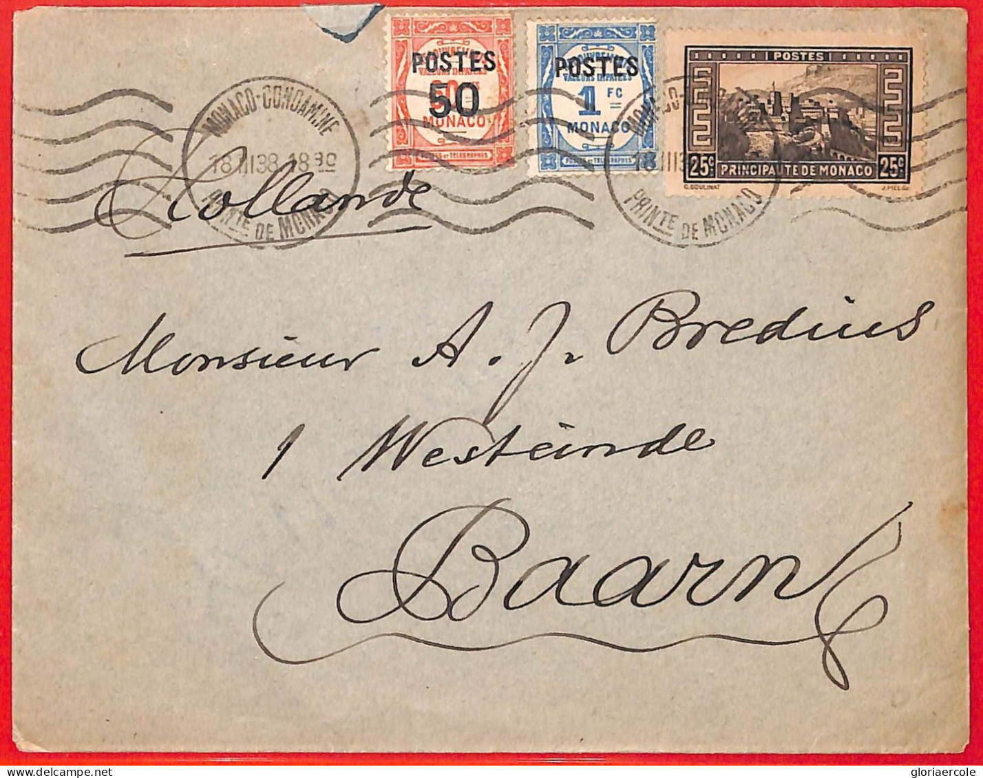 Aa0992 - MONACO - Postal History - Overprinted TAX Stamps COVER To HOLLAND 1938 - Briefe U. Dokumente