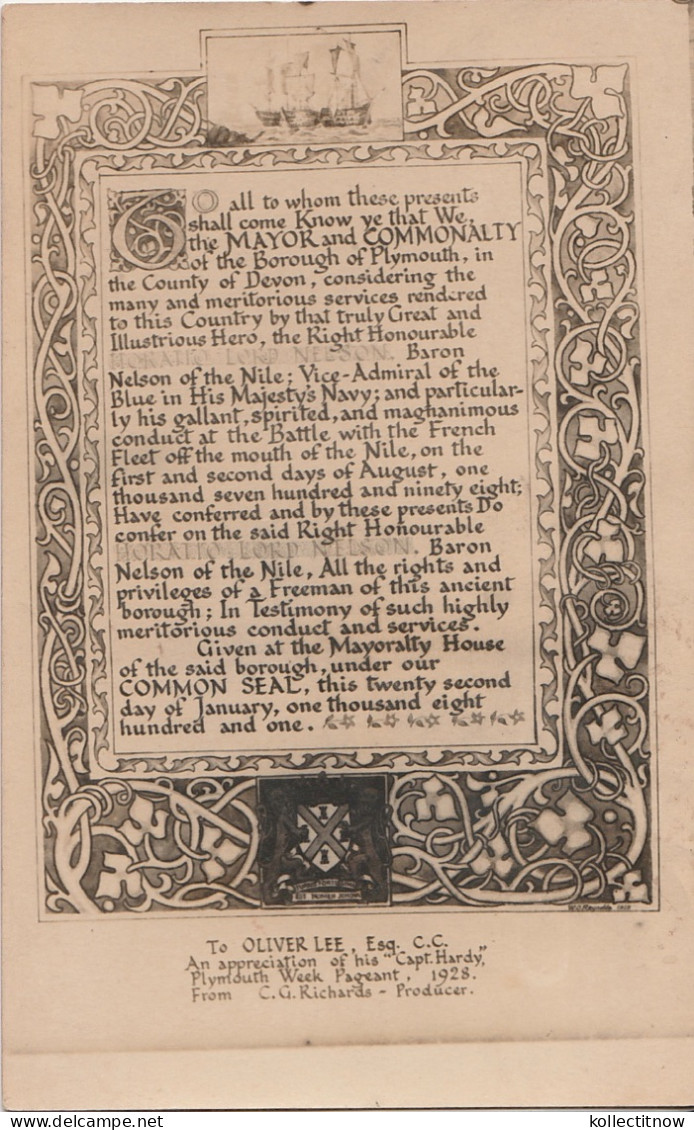 OLD PLYMOUTH - CAPTAIN HARDY PLYMOUTH WEEK PAGEANT 1928 - Plymouth