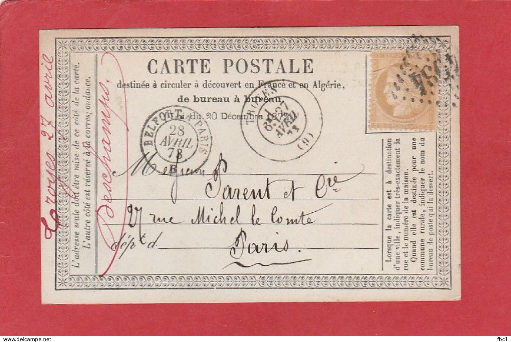 Aube - Cérès N°59 15C Sur Carte Postale - GC 4034 Troyes Vers Paris (Ambulant Belfort à Paris) 1878 - Cartes Précurseurs