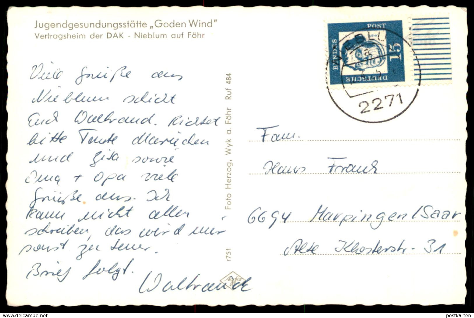 ÄLTERE POSTKARTE NIEBLUM AUF FÖHR JUGENDGESUNDUNGSSTÄTTE DER DAK GODEN WIND Ansichtskarte AK Cpa Postcard - Föhr