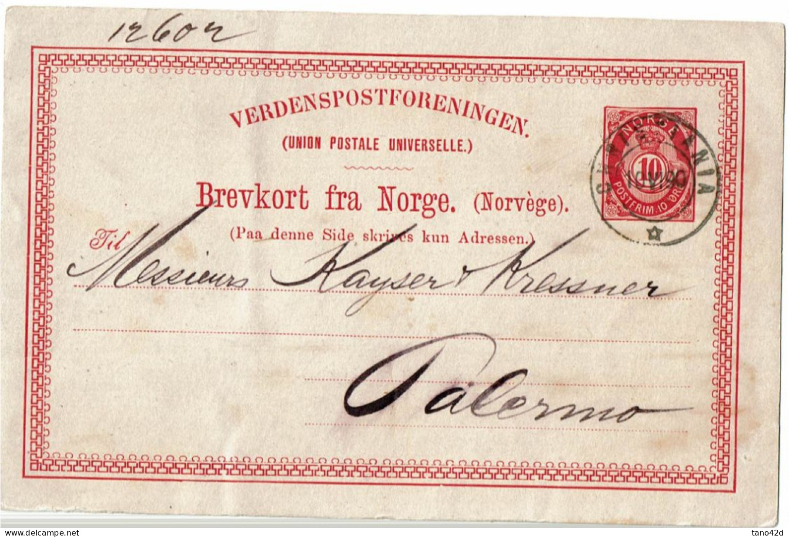 CTN86- EP CP REPIQUAGE CHRISTIANIA BANK JUIN 1890 POUR PALERMO ITALIE - Entiers Postaux