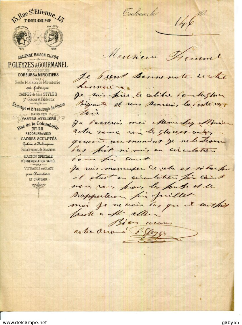 FACTURE.31.TOULOUSE.ETAMAGE & BISEAUTAGE DE GLACES.GLEYZE & GOURMANEL DOREURS & MIROITIERS 15 RUE SAINT ETIENNE. - Straßenhandel Und Kleingewerbe