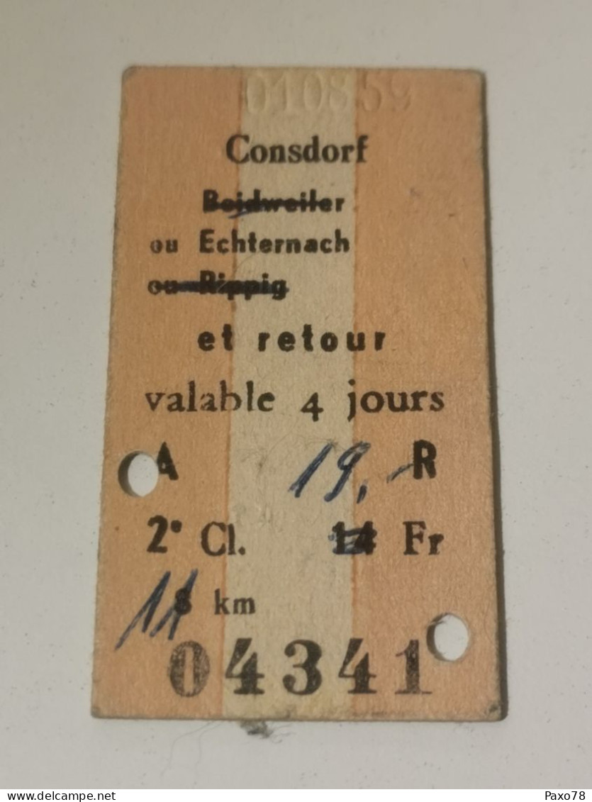 Ticket Luxembourg, Chemins De Fer Luxembourgeois, Consdorf, Beidweiler, Echternach 1959 - Europe