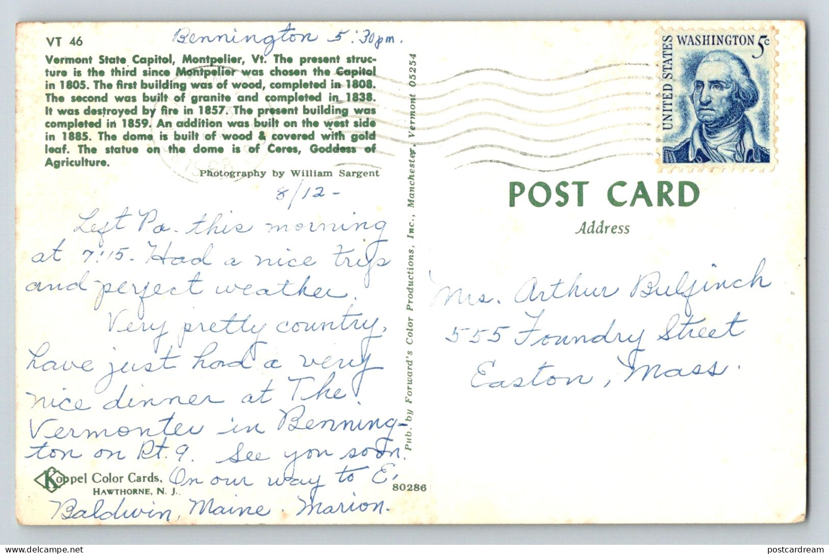 Montpelier VT 1968 State Capitol Building Postcard - Montpelier