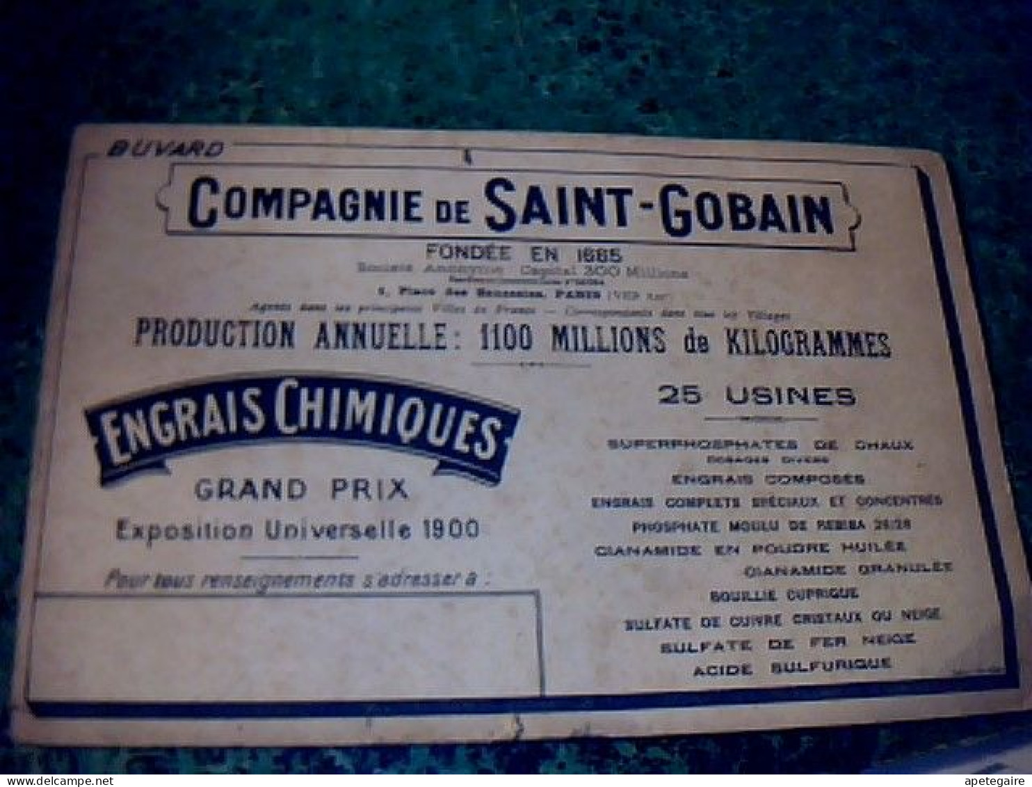 Vieux Papier Publicité Buvard Compagnie De Saint Gobain Engrais Chimique - S