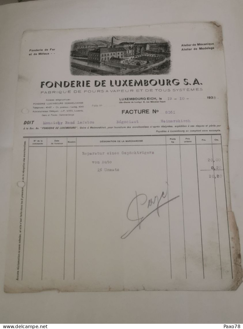 Facture Luxembourg, Fonderie De Luxembourg 1938 - 1900 – 1949