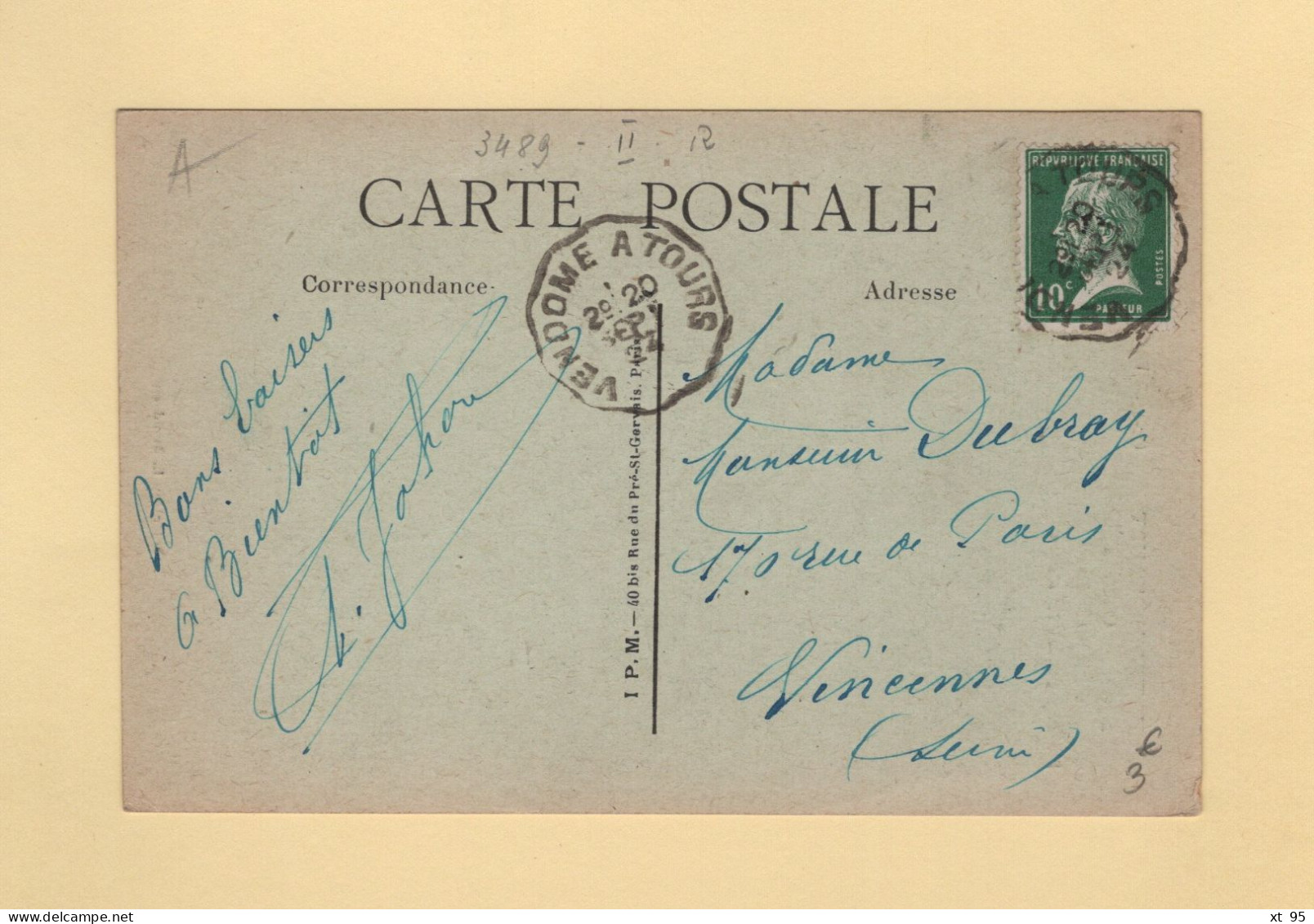 Convoyeur - Vendome A  Tours - 1924 - Type Pasteur - Correo Ferroviario