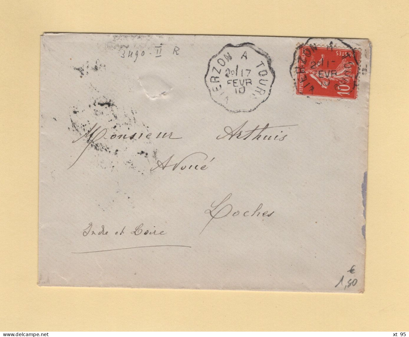 Convoyeur - Vierzon A  Tours - 1910 - Type Semeuse - Correo Ferroviario