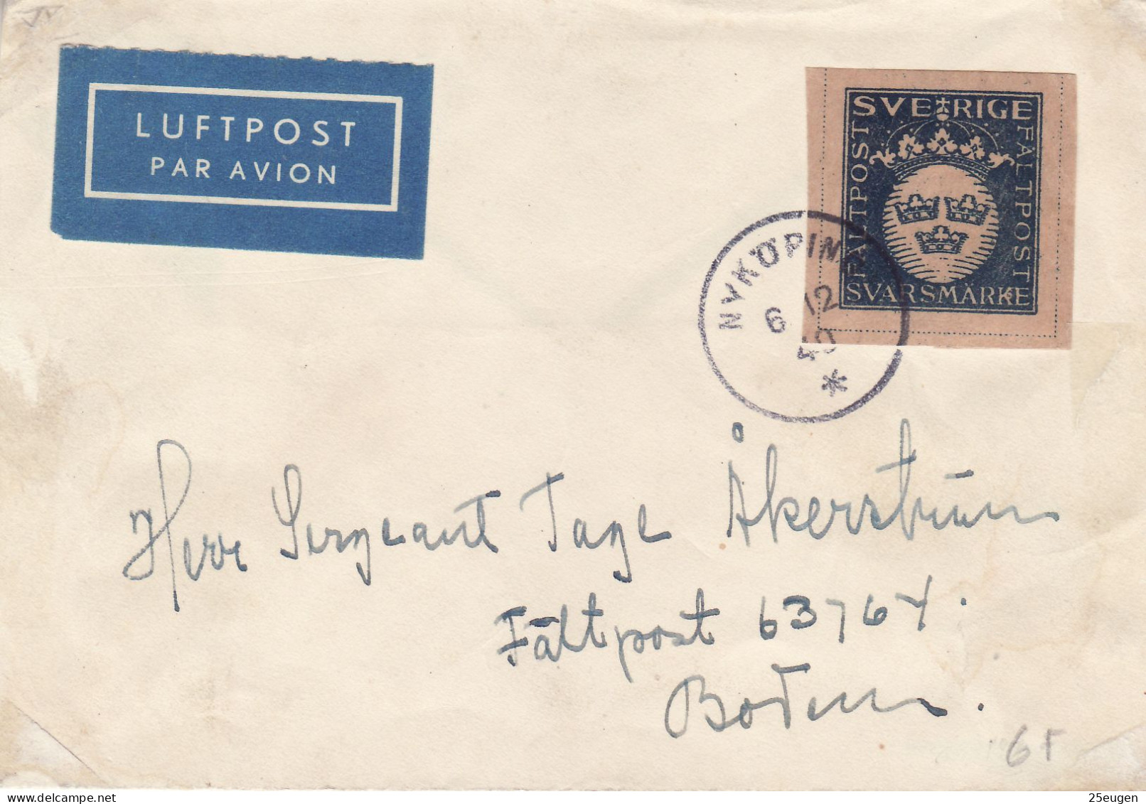 SWEDEN 1940 Airmail Faltpost  Letter Sent From Nykoeping - Militärmarken