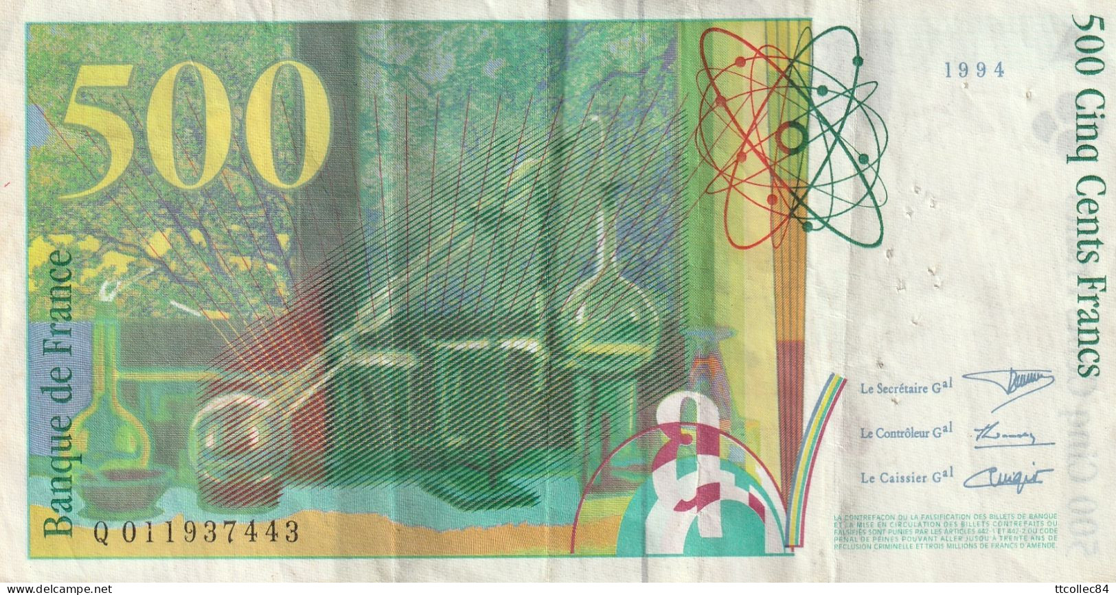 FRANCE-Lot De 3 Pierre Et Marie Curie-1994 - 500 F 1994-2000 ''Pierre En Marie Curie''