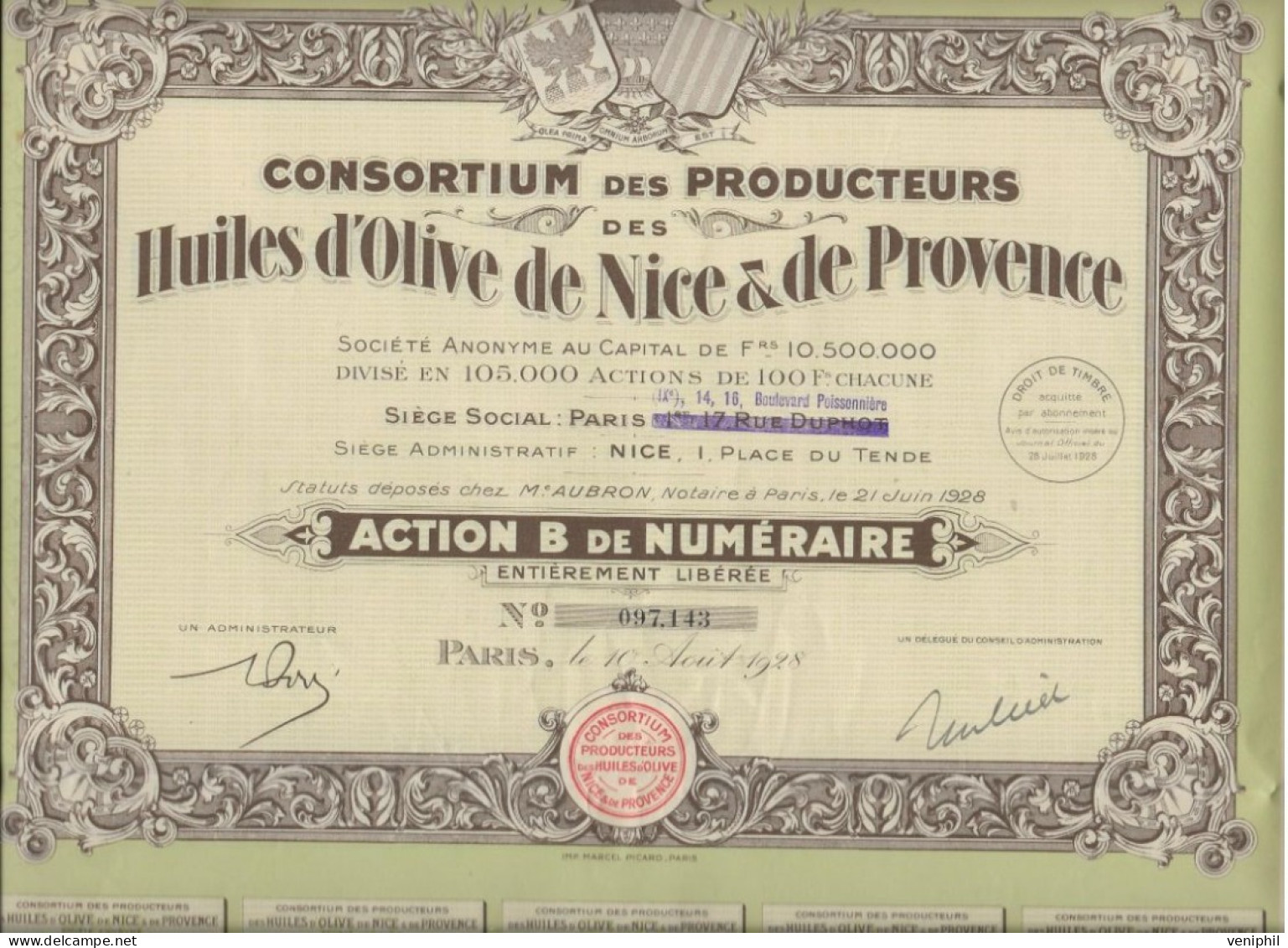 LOT DE 2 ACTIONS B - CONSORTIUM DES PRODUCTEURS DES HUILES D'OLIVE DE NICE ET DE PROVENCE - ANNEE 1928 - Landwirtschaft