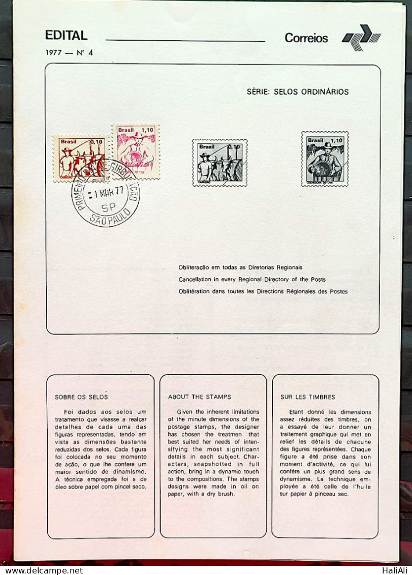 Brochure Brazil Edital 1977 04 Grapegatherer Oxcart Driver With Stamp CPD SP 02 - Cartas & Documentos