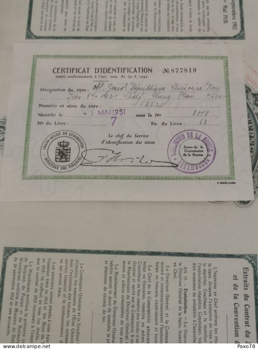 Action, Gouvernement République Chinoise 1921, Chemin De Fer Lung Tsing U Hai, Certificat Luxembourg - Ferrovie & Tranvie