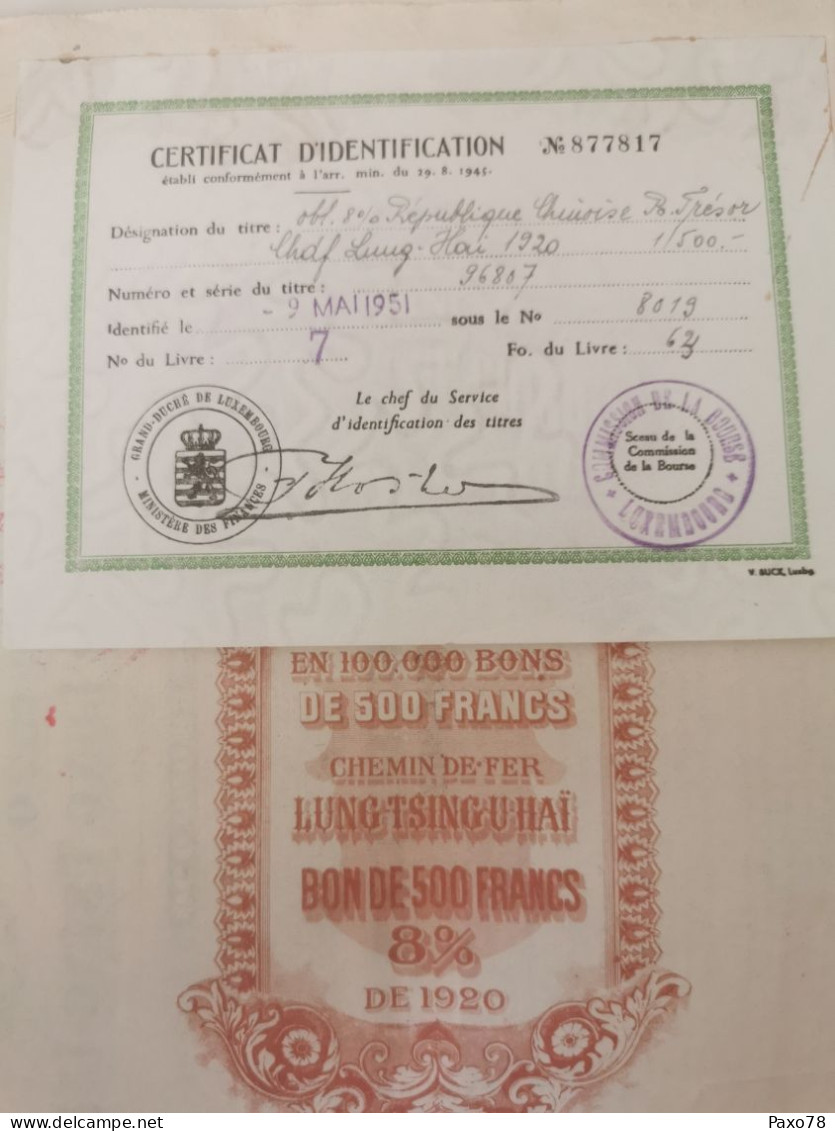 Action, Gouvernement République Chinoise 1920, Chemin De Fer Lung Tsing U Hai, Certificat Luxembourg - Chemin De Fer & Tramway