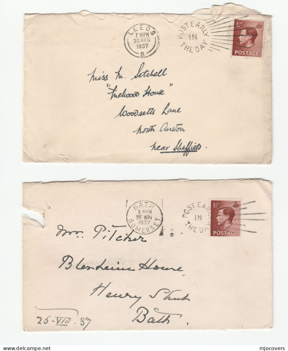 E8 COVERS Slogan POST EARLY IN THE DAY  Leeds Bath Eviii 1937 GB Stamps Cover - Brieven En Documenten