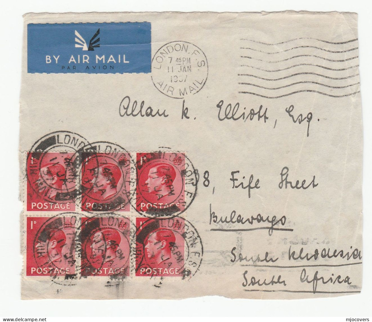 London FS AIR MAIL CDS To SOUTH AFRICA COVER (Front) 1937 E8 Eviii GB Stamps Aviation Flight - Storia Postale