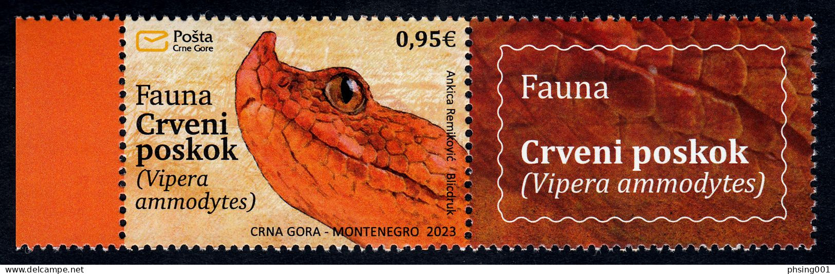 Montenegro 2023 Fauna Snakes Reptiles & Amphibians Vipera Ammodytes Red Viper Animals, Stamp With Nice Label In Pair MNH - Serpents