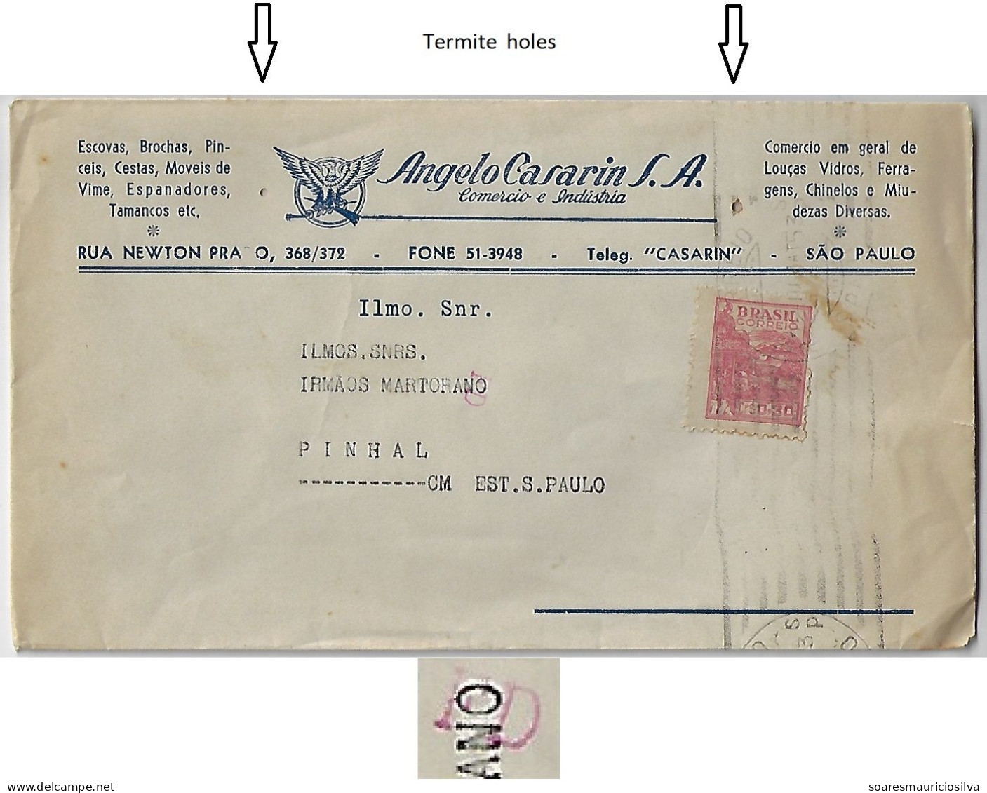 Brazil 1953 Ângelo Casarin SA Cover From São Paulo To Pinhal Stamp Cr$0.30 Electronic Sorting Mark Transorma FD - Lettres & Documents
